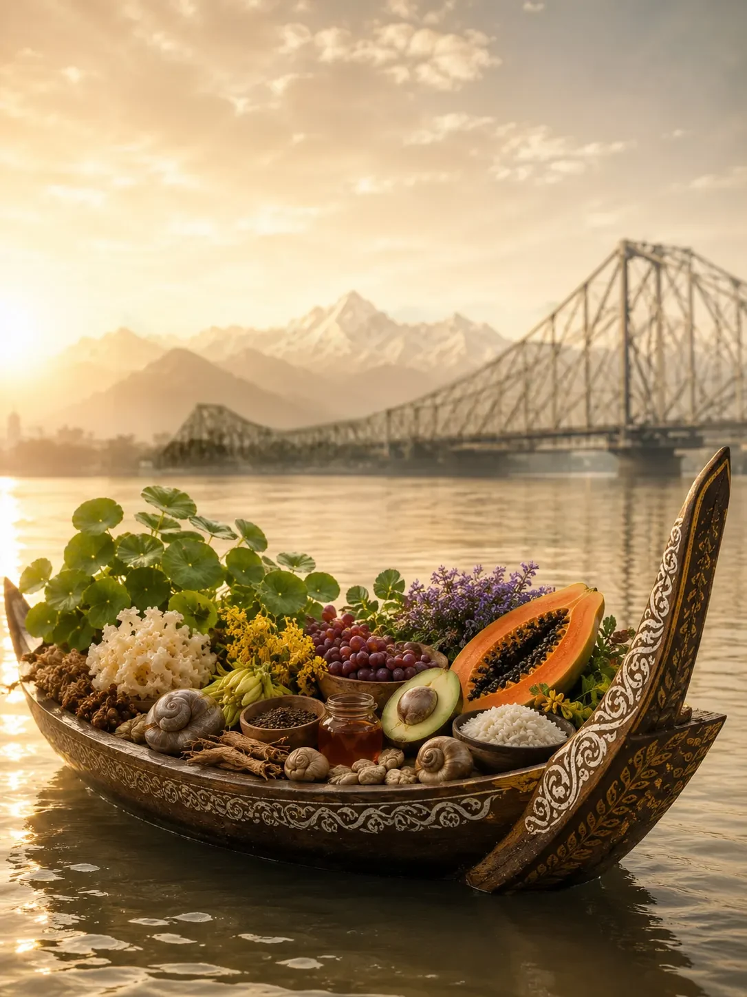 A hand-painted Bengali boat carrying botanicals on the river at sunrise, the Howrah Bridge behind